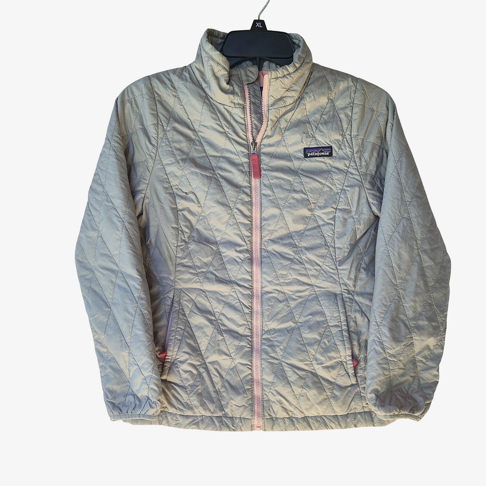 Patagonia Kids Large 12 Gray Quilted Full Zip Puffer Jacket Pink Trim